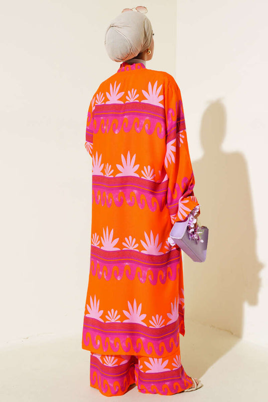 Ensemble Double Kimono Motif Ethnique Orange Fuchsia