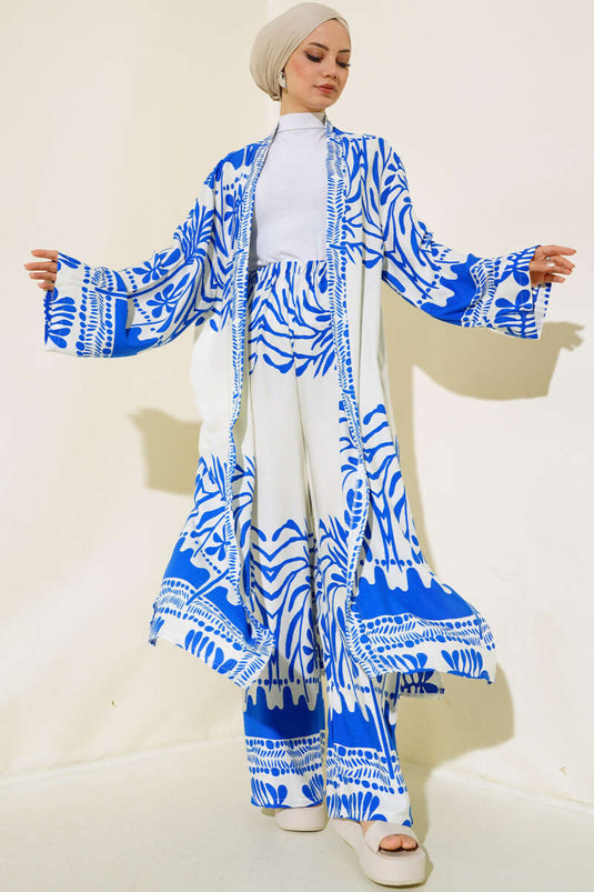 Ethnic Pattern Kimono Two-Piece Set Royal Blue