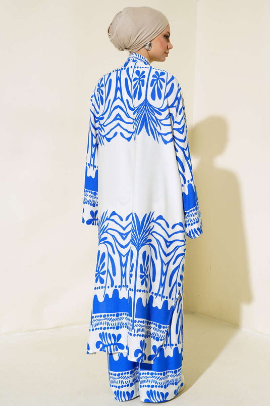 Ethnic Pattern Kimono Two-Piece Set Royal Blue