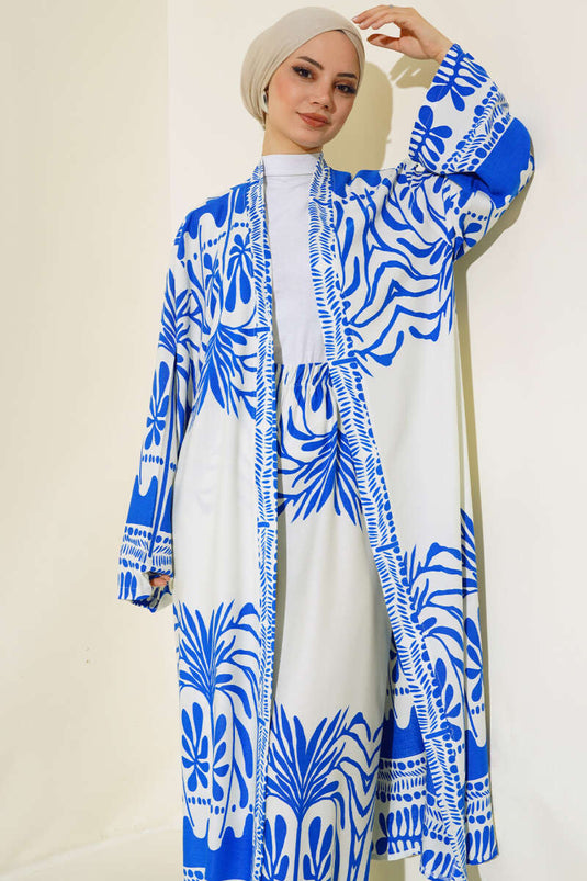 Ethnic Pattern Kimono Two-Piece Set Royal Blue