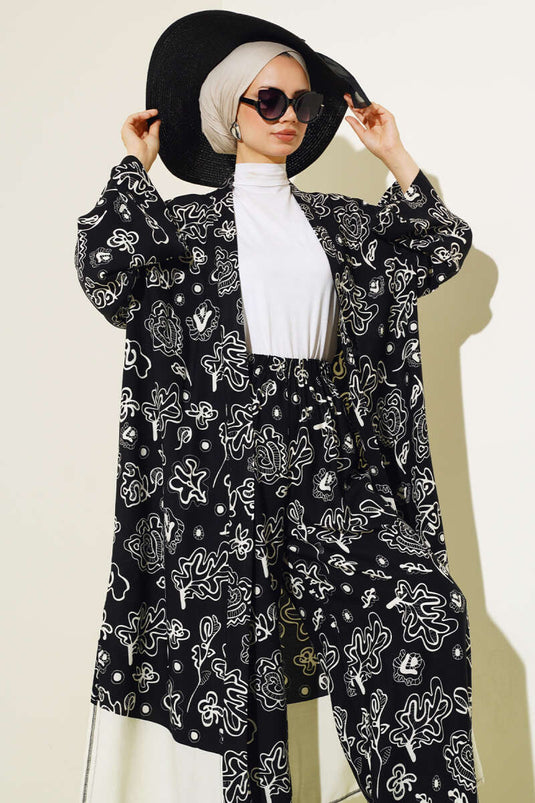 Ethnic Pattern Kimono Two-Piece Set Black Patterned