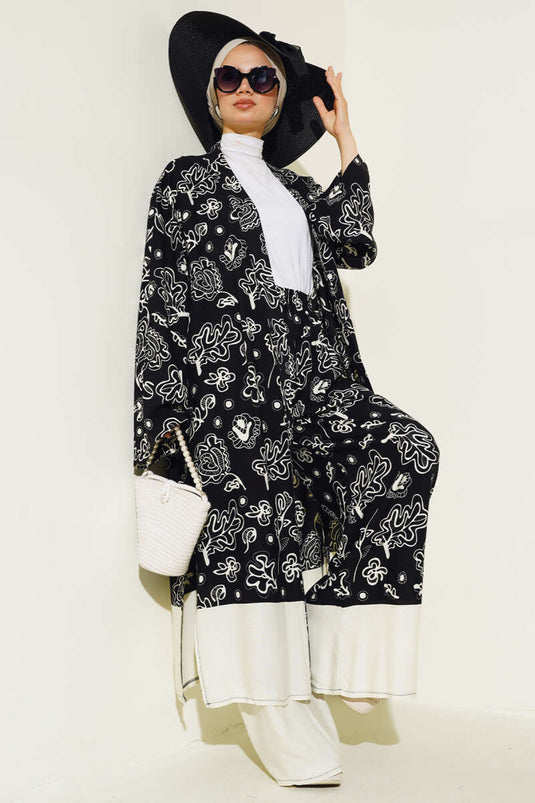 Ethnic Pattern Kimono Two-Piece Set Black Patterned