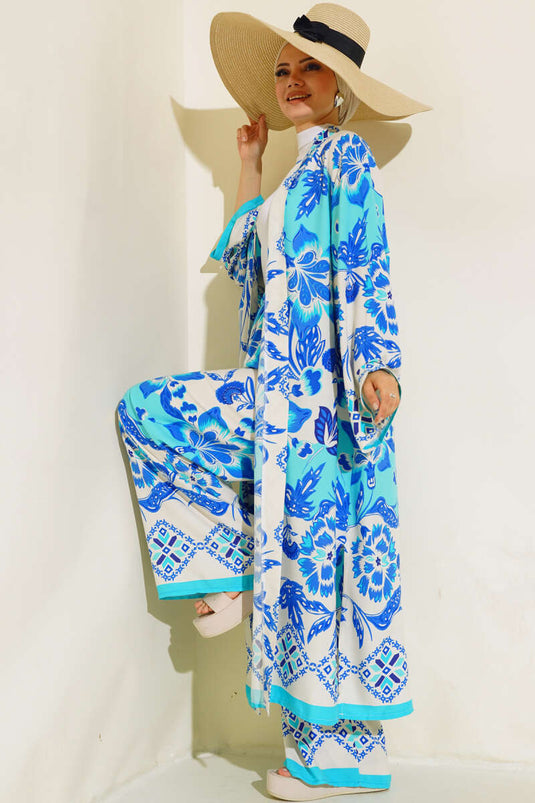 Ethnic Pattern Kimono Two-Piece Set Turquoise