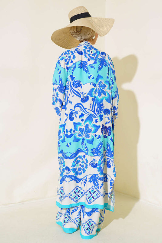 Ethnic Pattern Kimono Two-Piece Set Turquoise