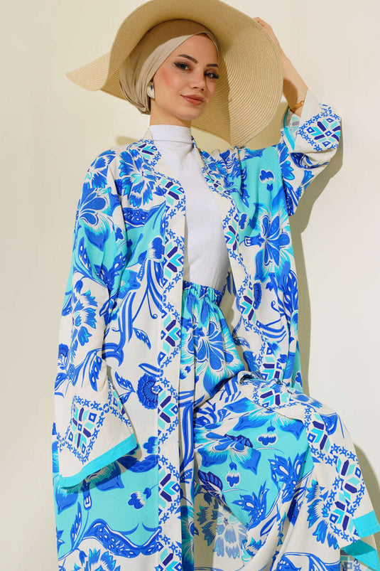 Ethnic Pattern Kimono Two-Piece Set Turquoise