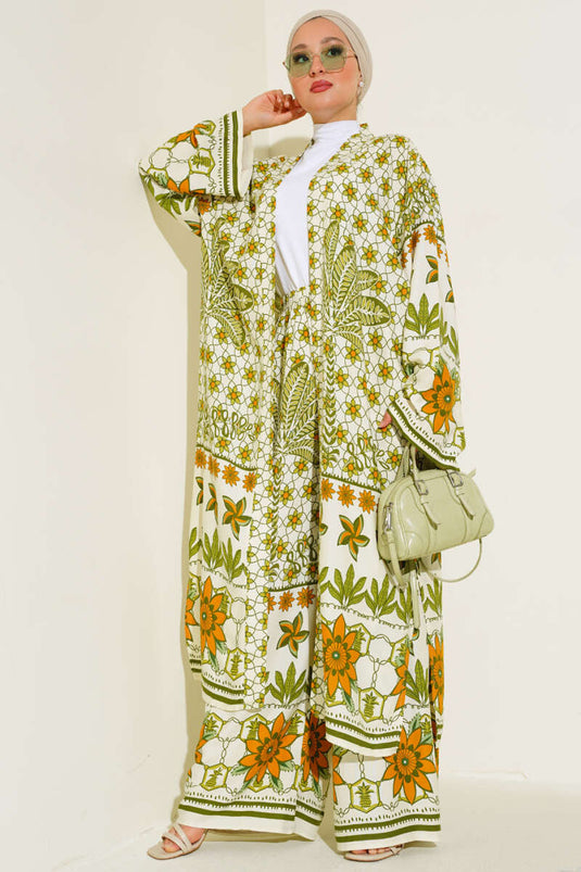 Ensemble Double Kimono Motif Ethnique Vert Pétrole