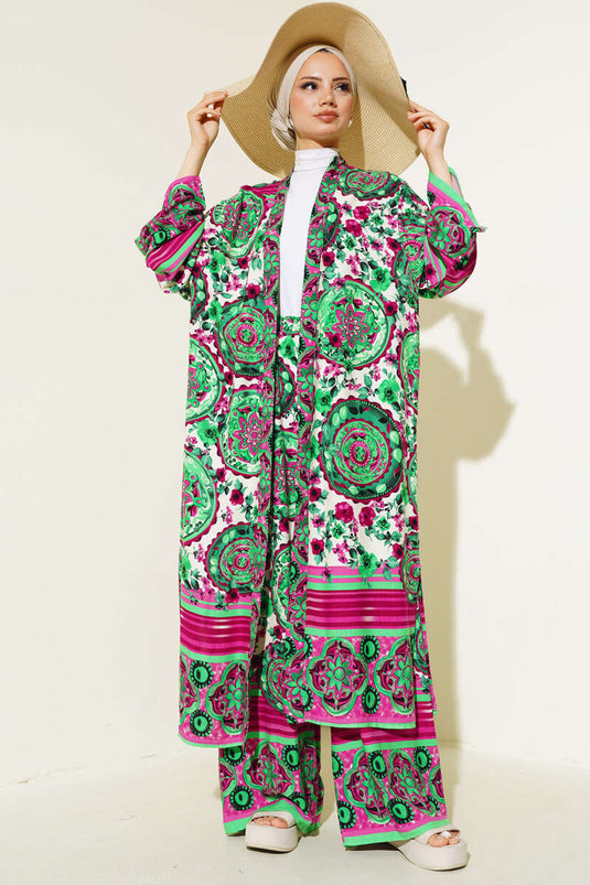 Ethnic Pattern Kimono Two-Piece Set Green Fuchsia