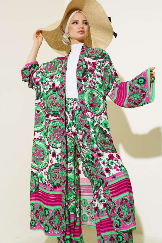 Ethnic Pattern Kimono Two-Piece Set Green Fuchsia