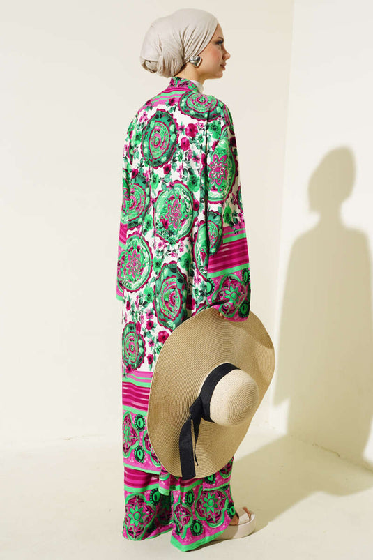 Ethnic Pattern Kimono Two-Piece Set Green Fuchsia