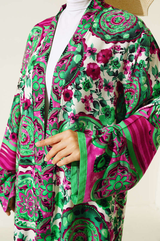 Ethnic Pattern Kimono Two-Piece Set Green Fuchsia