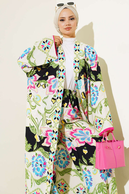 Ethnic Pattern Kimono Two-Piece Set Green