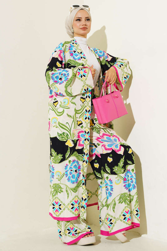 Ethnic Pattern Kimono Two-Piece Set Green