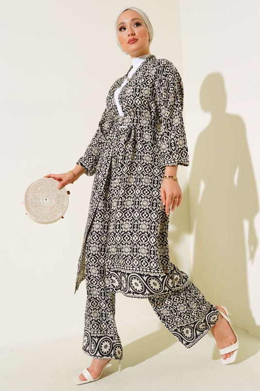 Ensemble double kimono ample à motif ethnique noir