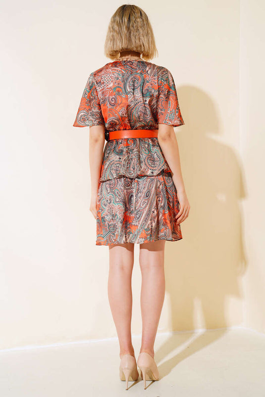 Ethnic Pattern Satin Dress Green Orange