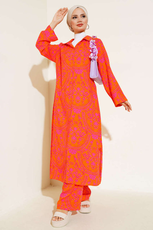 Ensemble Tunique Longue Motif Ethnique Orange Fuchsia