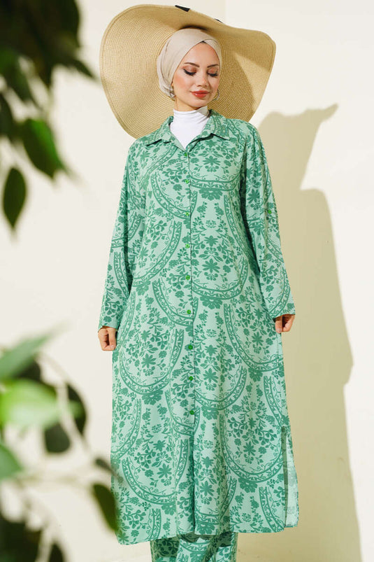 Ensemble Tunique Longue Motif Ethnique Vert