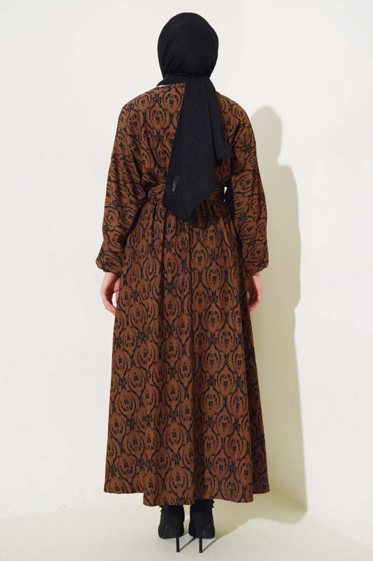 Robe Manches Chauve-Souris Motif Ethnique Marron