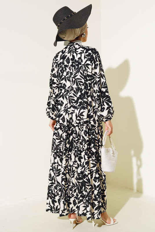 Robe Semi-Plissée Motif Ethnique Noir