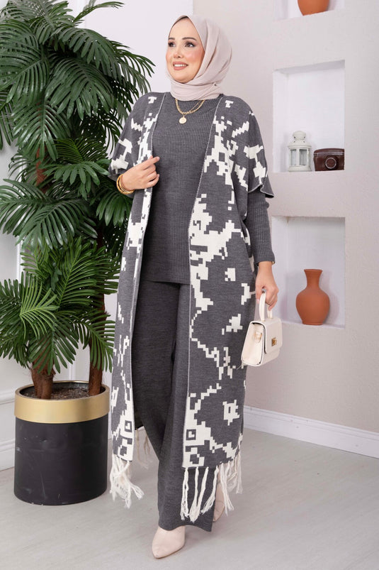 Completo Di Maglione E Gilet Con Motivo Etnico Grigio