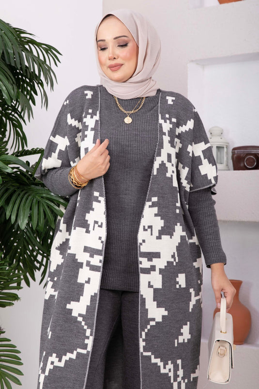 Completo Di Maglione E Gilet Con Motivo Etnico Grigio