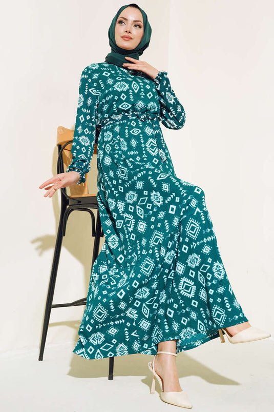 Ethnic Patterned Ruffled Dress Emerald