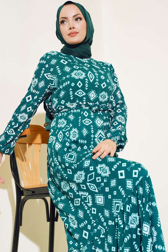 Ethnic Patterned Ruffled Dress Emerald