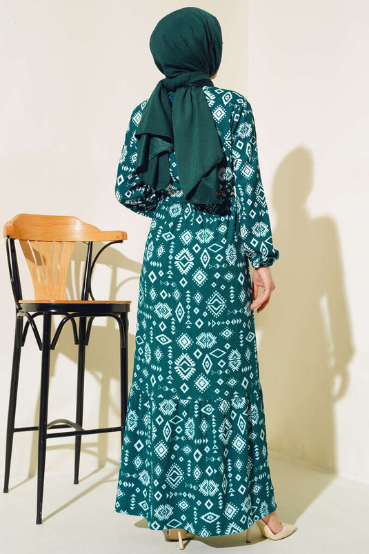 Ethnic Patterned Ruffled Dress Emerald