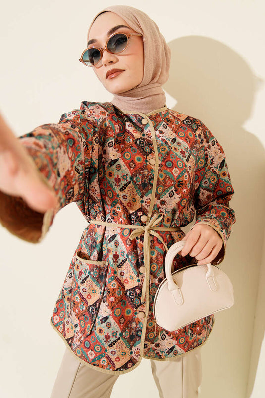 Veste à boutons-pression à motifs ethniques couleur latte