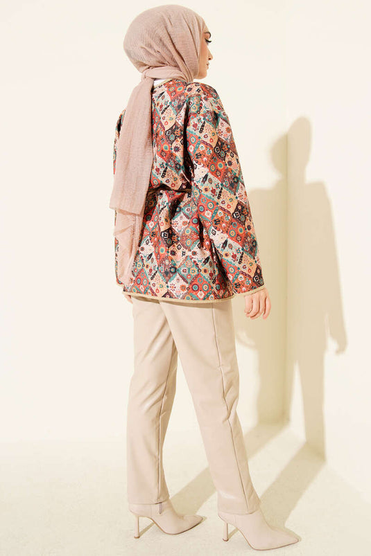 Veste à boutons-pression à motifs ethniques couleur latte