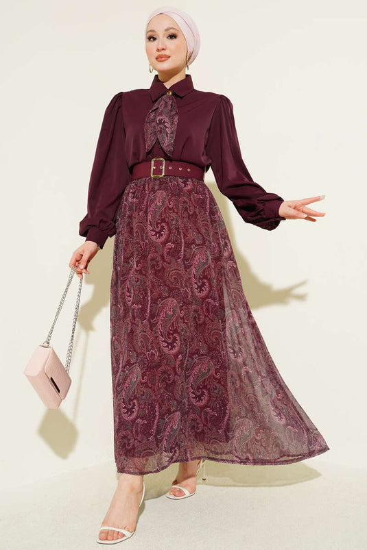 Ensemble jupe avec foulard à motif ethnique bordeaux