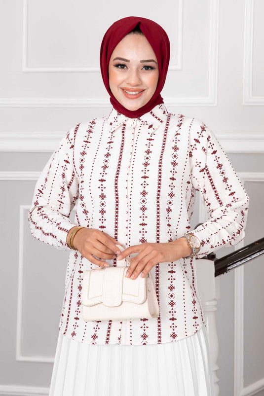 Camicia Hijab con fantasia etnica Rosso bordeaux