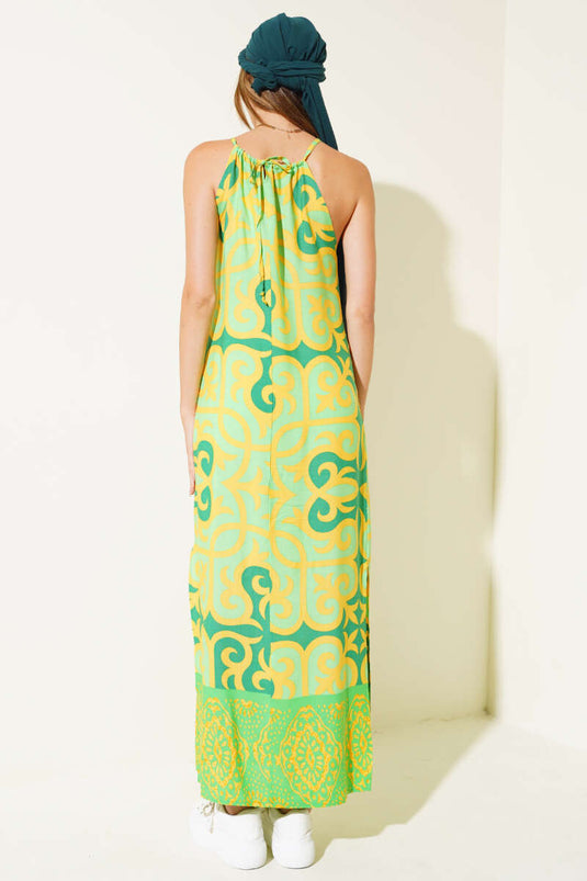 Ethnic Patterned Rope Strap Dress Green