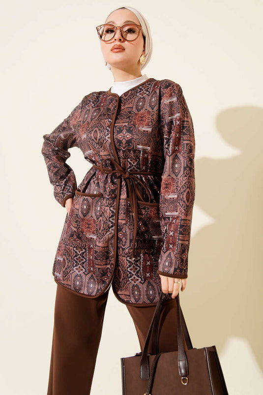 Ethnic Patterned Drawstring Two-Piece Set Brown