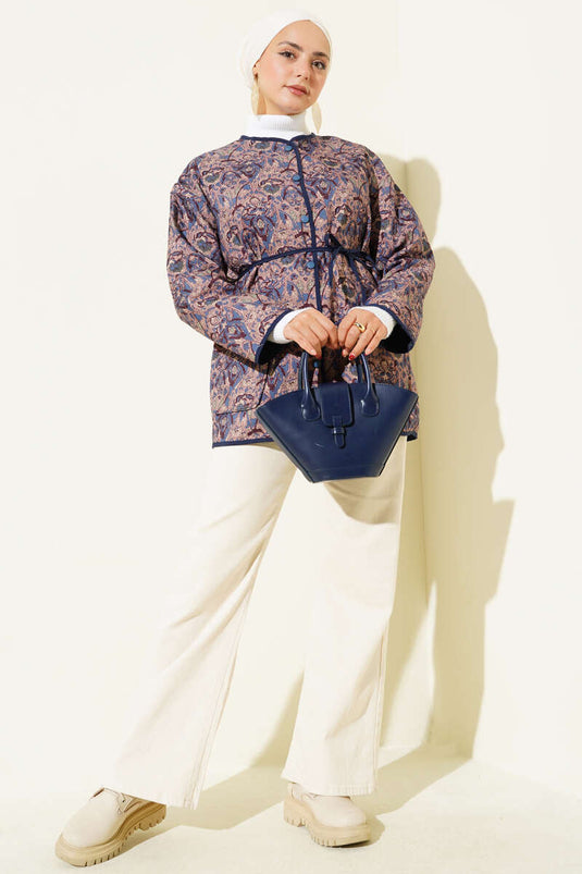 Veste matelassée à motifs ethniques bleu marine