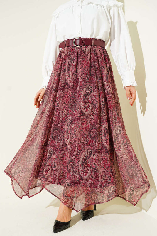 Ethnic Patterned Belted Chiffon Skirt Burgundy