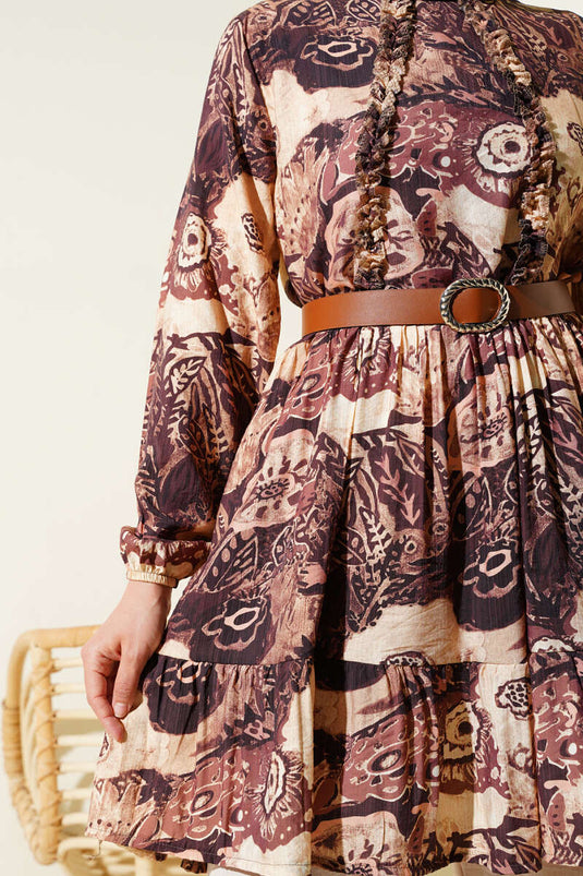 Ethnic Patterned Belted Tunic Two-Piece Suit Brown