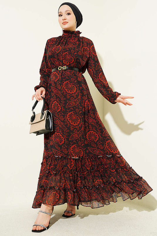 Robe à volants avec ceinture et motif ethnique couleur brique