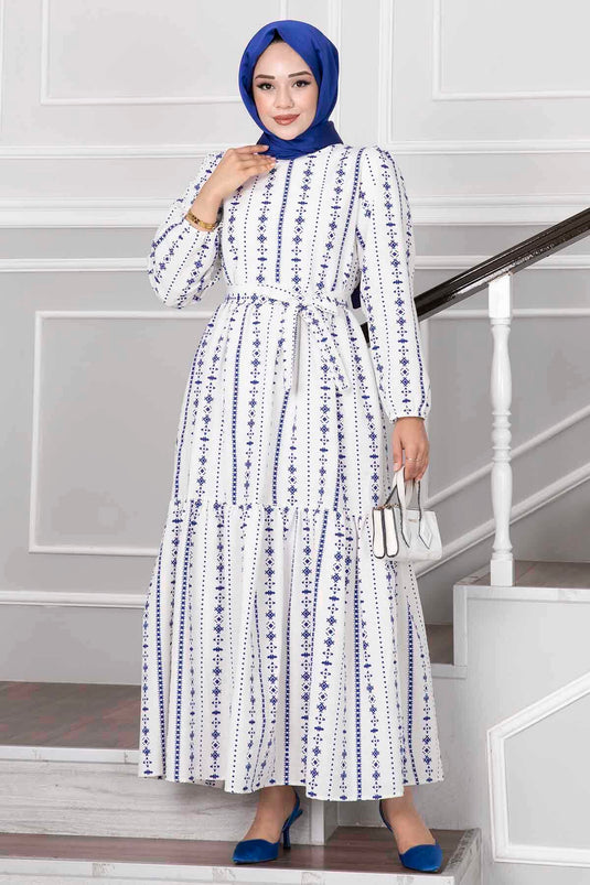 Robe Hijab en Lin à Motifs Ethnique Indigo