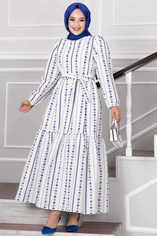 Robe Hijab en Lin à Motifs Ethnique Indigo