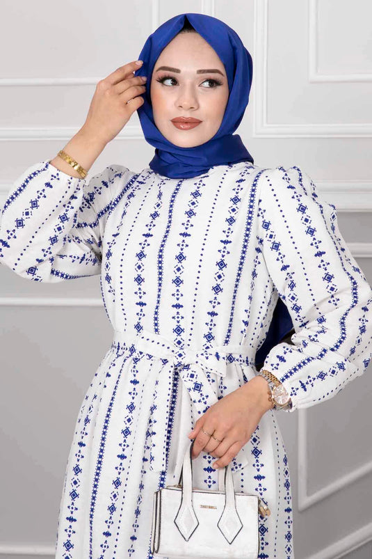 Robe Hijab en Lin à Motifs Ethnique Indigo