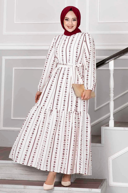 Robe Hijab en Lin à Motifs Ethnique Rouge Claret