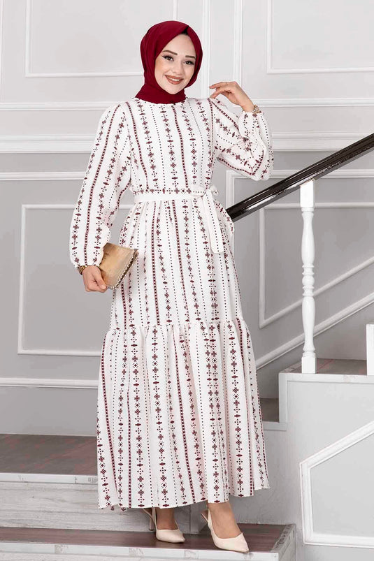 Robe Hijab en Lin à Motifs Ethnique Rouge Claret