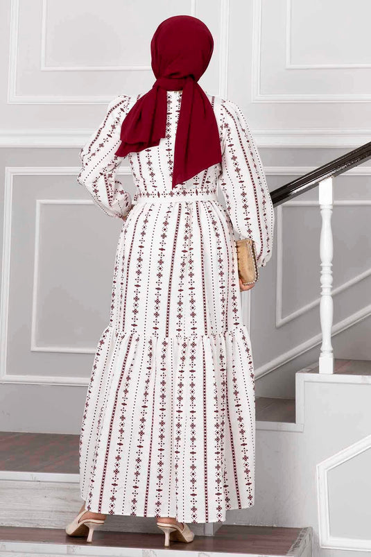 Robe Hijab en Lin à Motifs Ethnique Rouge Claret