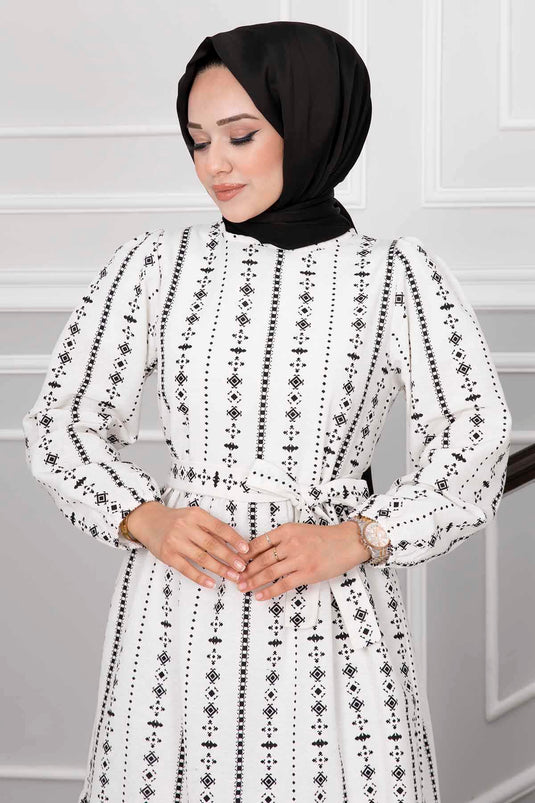 Robe en Lin Hijab à Motifs Ethnique Noir