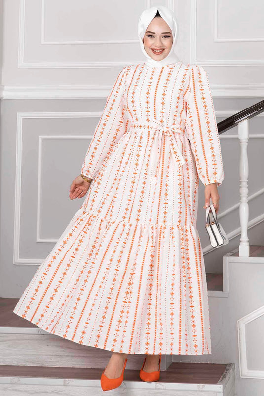 Robe en Lin Hijab à Motifs Ethnique Orange