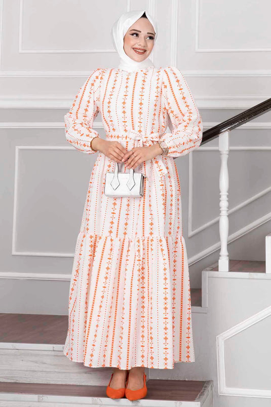 Robe en Lin Hijab à Motifs Ethnique Orange