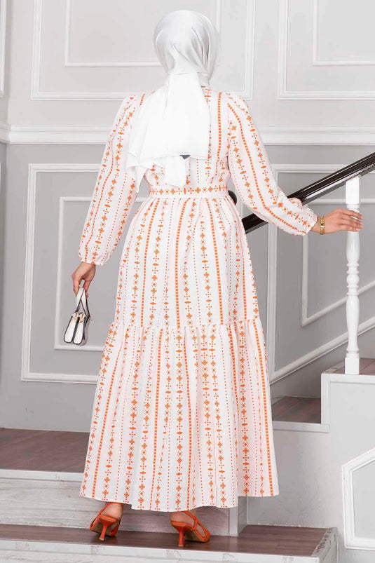 Robe en Lin Hijab à Motifs Ethnique Orange