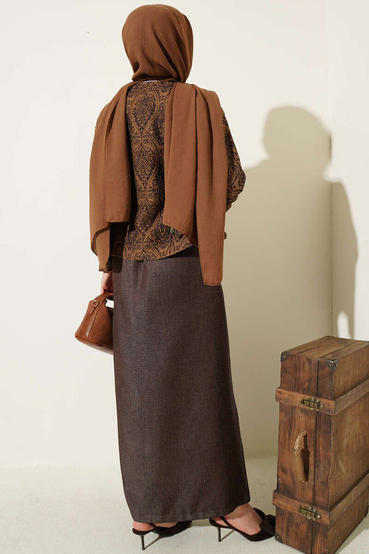 Ethnic Patterned Denim Pinafore Two-Piece Set Brown