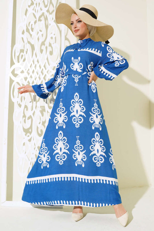 Robe Ceinturée à Motifs Ethnique Indigo