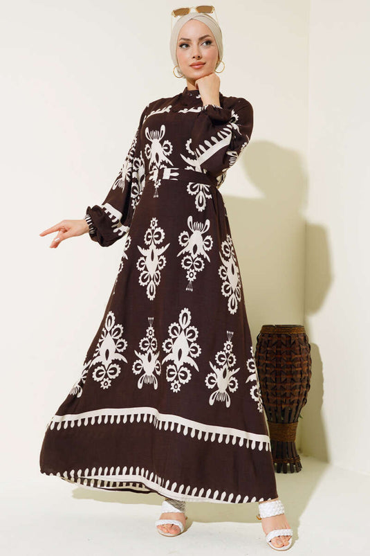 Robe Ceinturée à Motifs Ethnique Marron